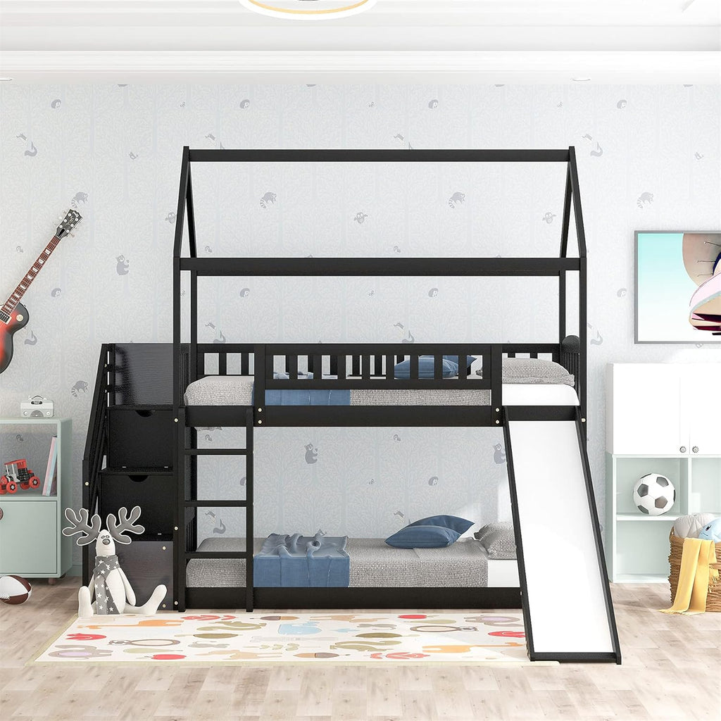 White Twin Over Twin Wood Bunk Bed with Slide and Storage Staircase O469582