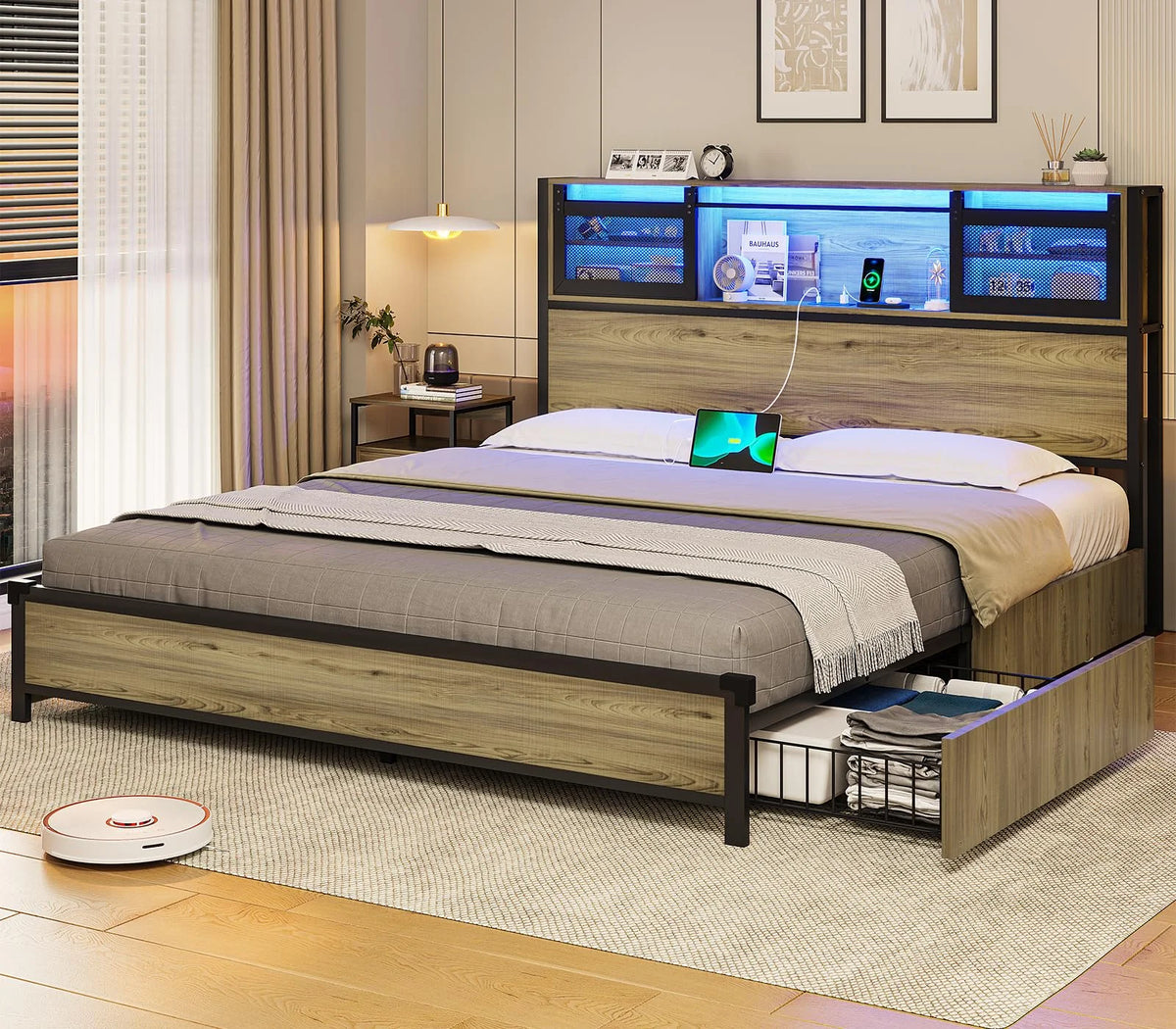 Queen Size Metal Platform Bed Frame with Storage Headboard F664927