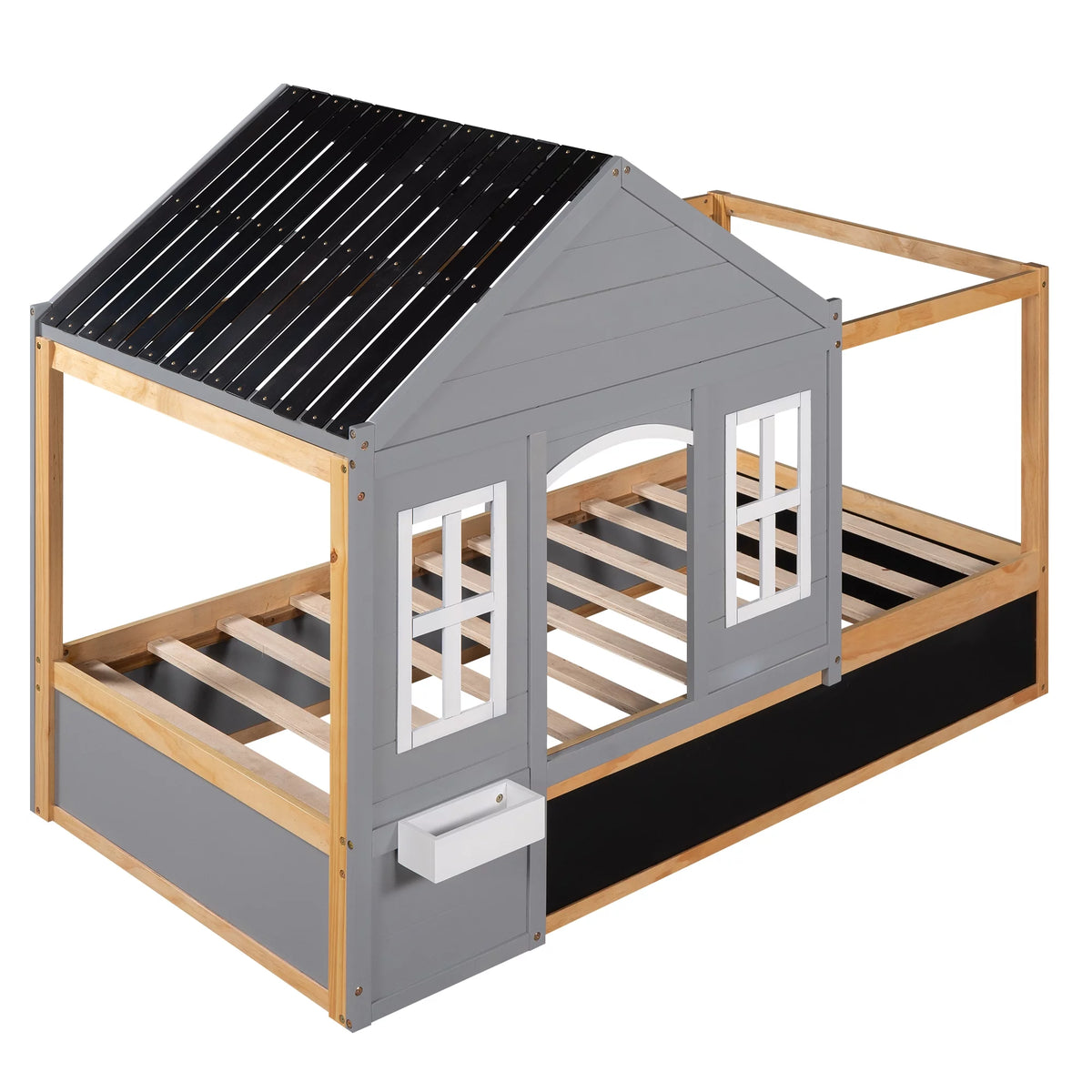 Wood Twin Size House Bed with Roof and Blackboard W1271
