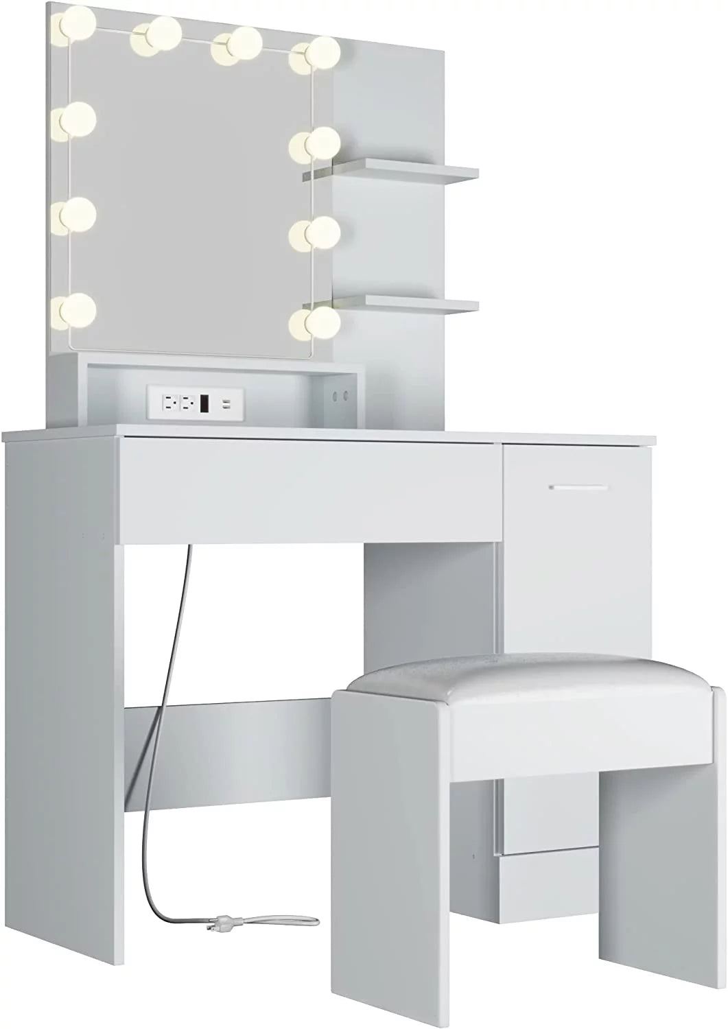 White Vanity Desk with Charging Station and Drawer O18241