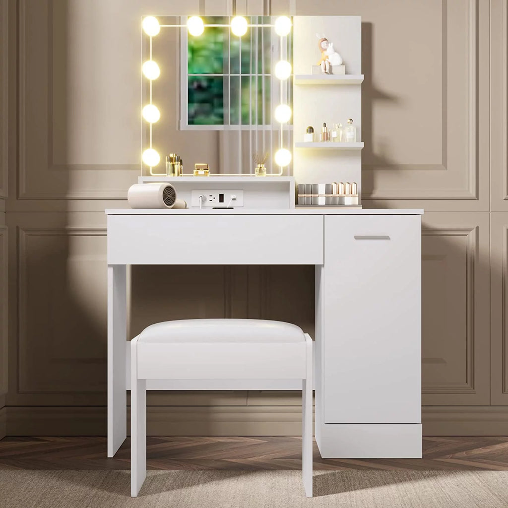 White Vanity Desk with Charging Station and Drawer O18241