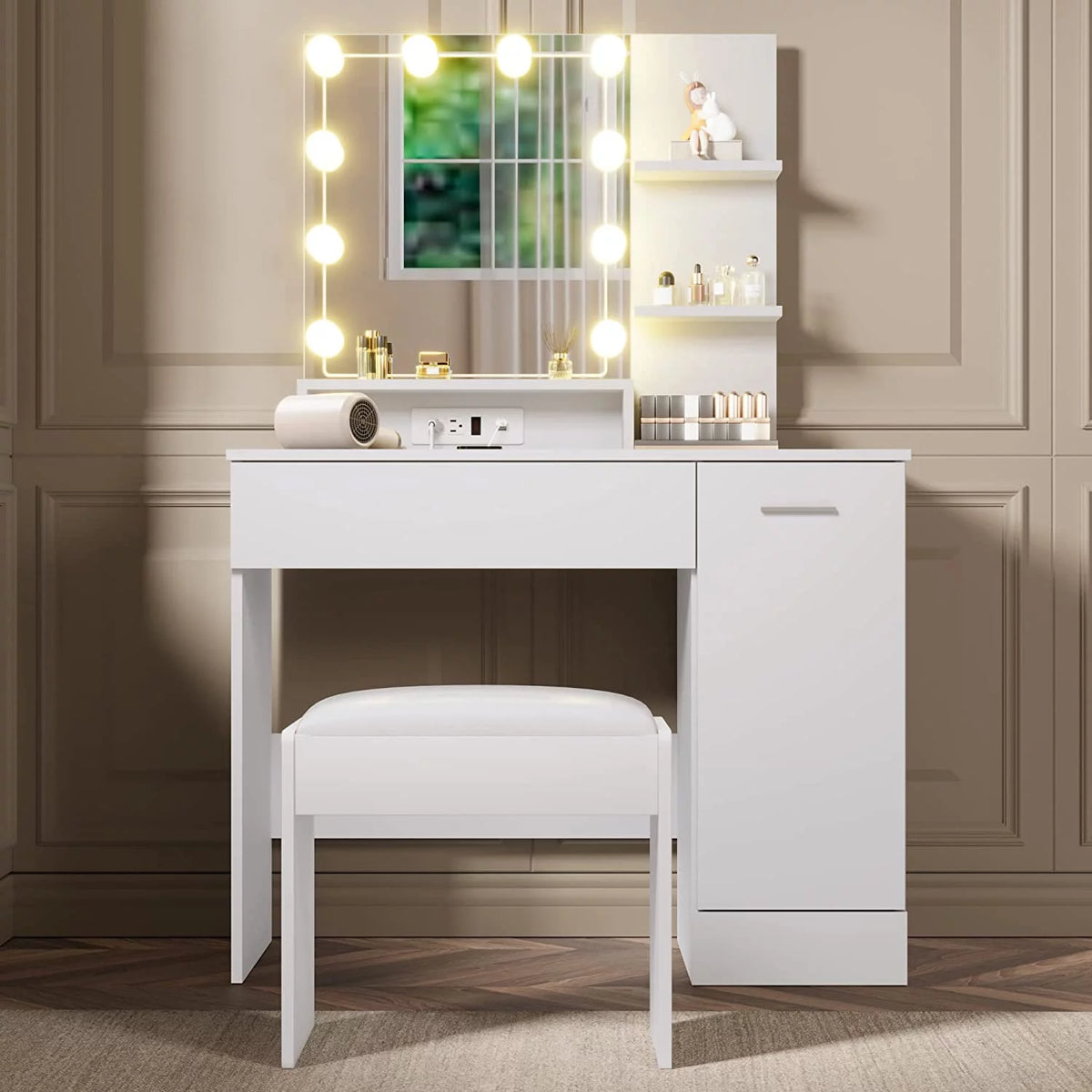 White Vanity Desk with Charging Station and Drawer O18241