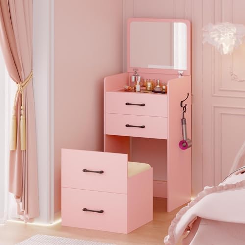 3 in 1 Vanity Desk with Flip Top Mirror and Cushioned Stool U7588