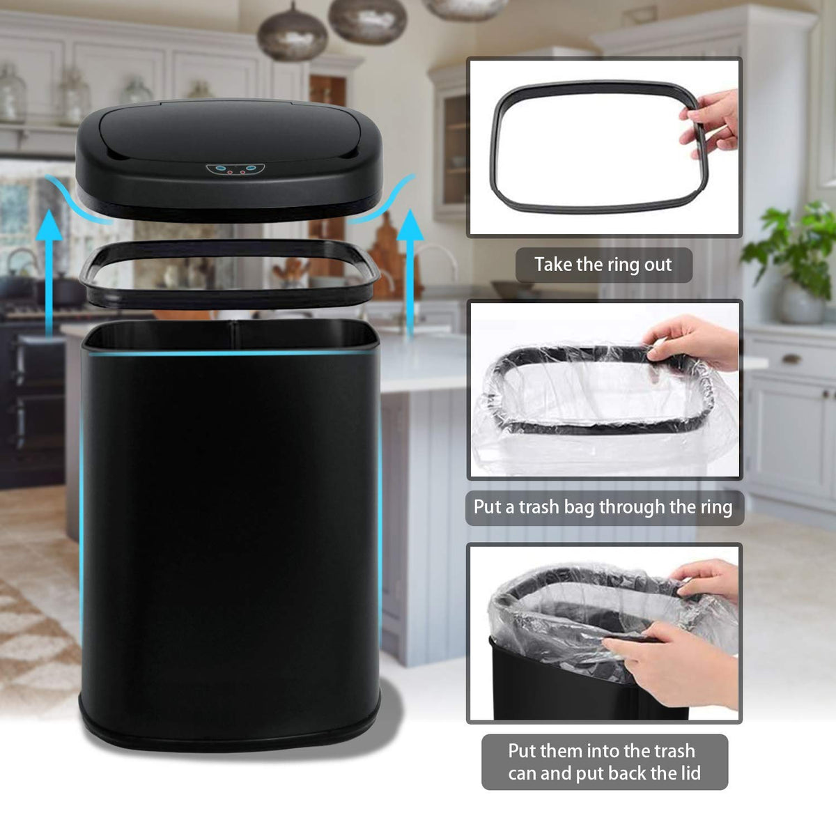 13 Gallon Black Stainless Steel Trash Can with Lid K389