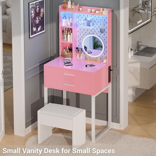 Pink Vanity Desk with Hutch and Drawers and LED Lights S877476