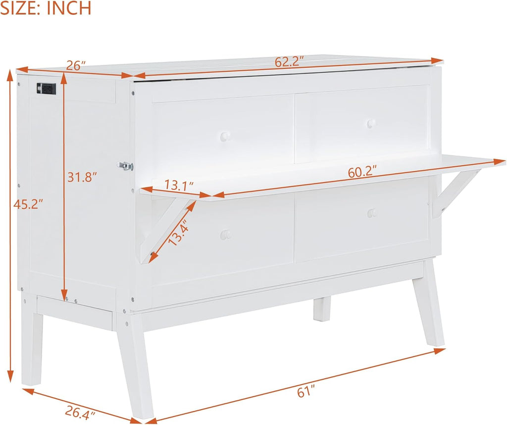 White Queen Wooden Murphy Bed with Desk Board and Removable Shelves V454