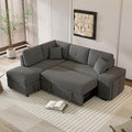 Cream Chenille L Shape Sleeper Sofa with Storage Ottoman and 2 Stools C8770