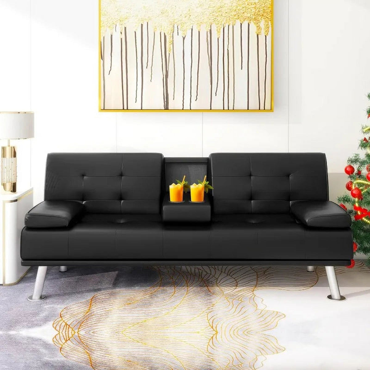 Linen Fabric Futon Sofa Bed with 2 Cup Holders and Pillows J555