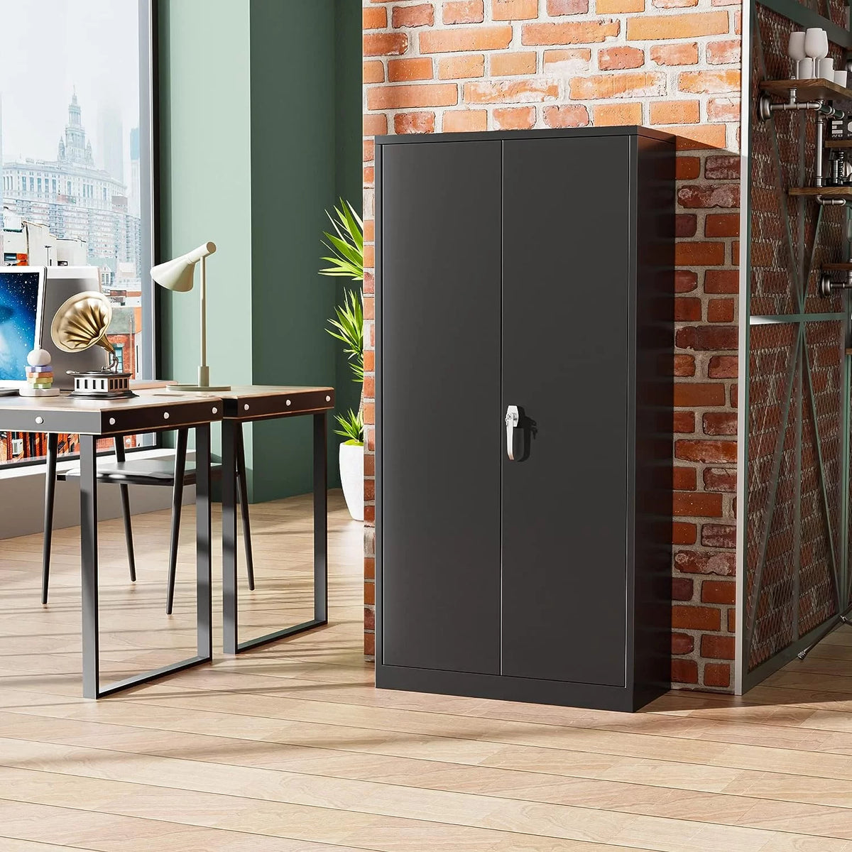 71 In Black Metal Storage Cabinet with Locking Doors and Adjustable Shelves M9855