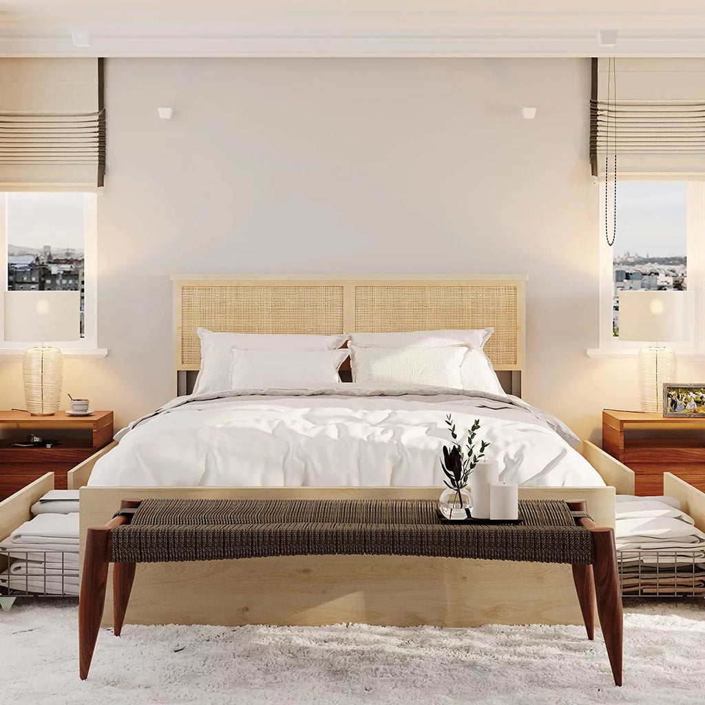 Natural Rattan Queen Bed Frame with Wooden Headboard and 4 Storage Drawers K2078