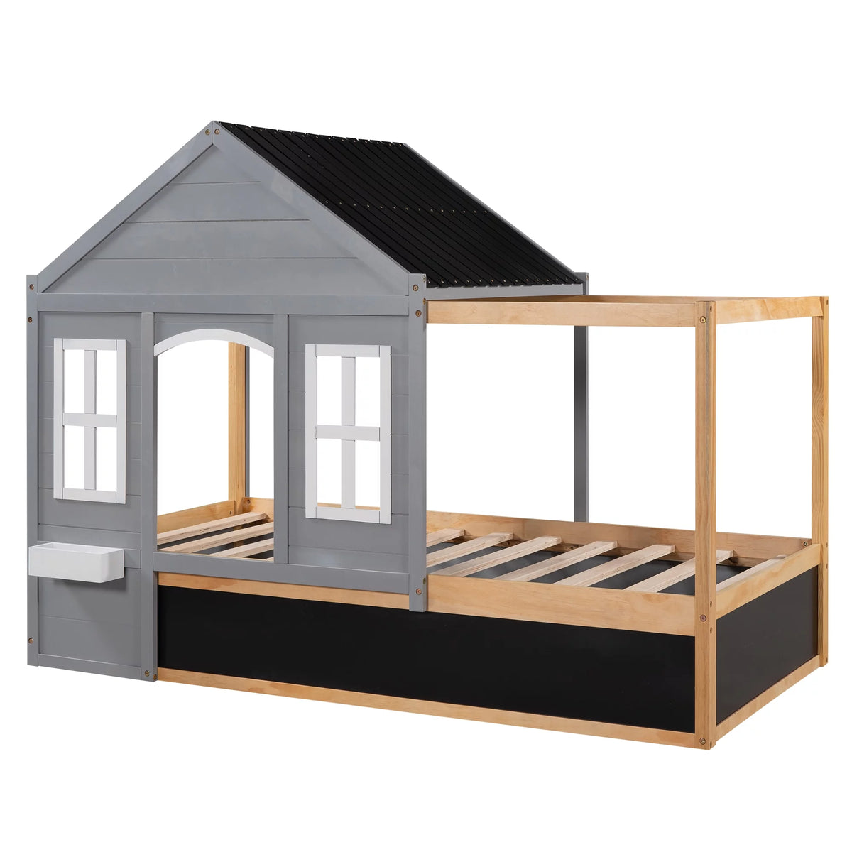 Wood Twin Size House Bed with Roof and Blackboard W1271