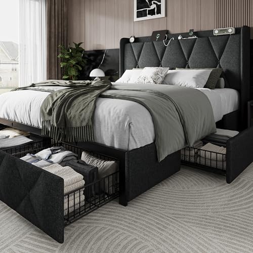 Black Queen Upholstered Platform Bed Frame with 4 Storage Drawers R674