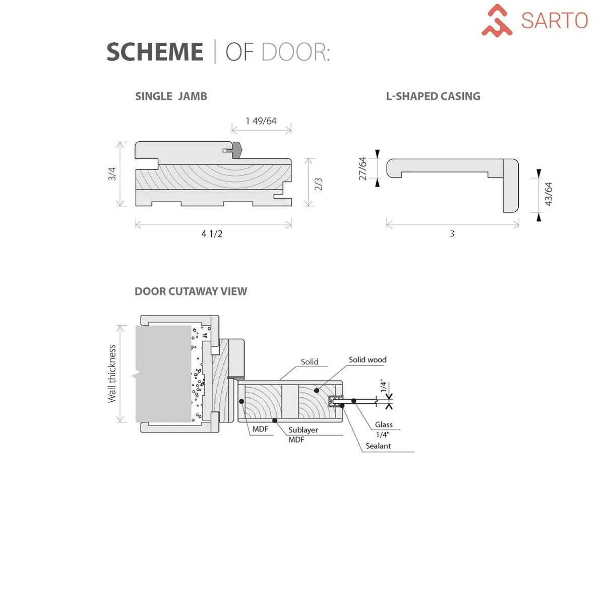 Solid French Door 32 x 84 inches Walnut with Frosted Glass Single Regular Panel Frame Trims Handle Z998