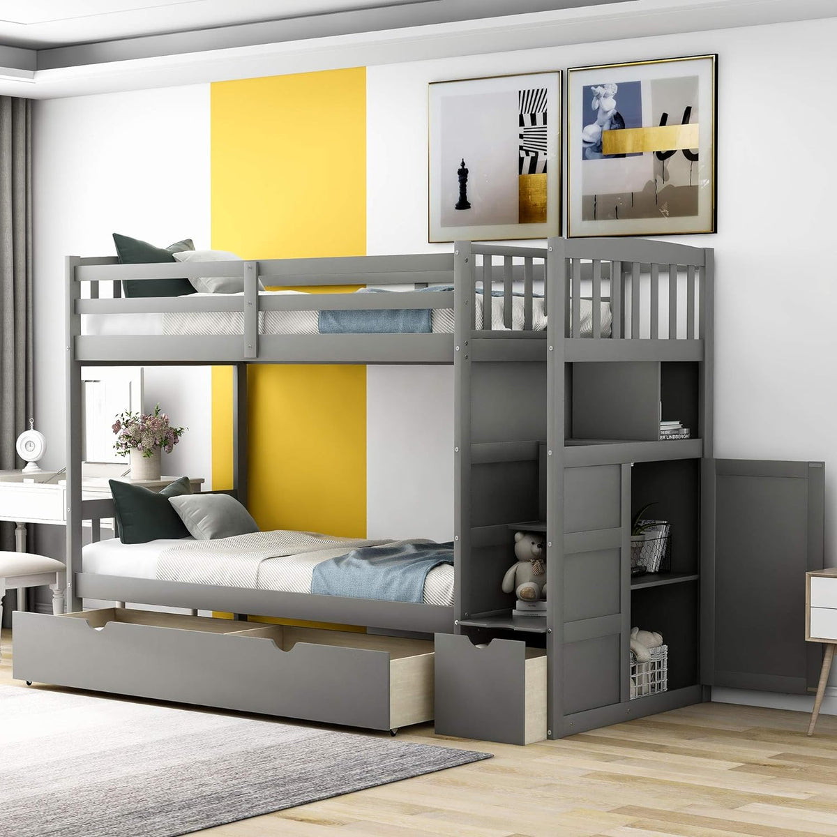 White Twin Over Twin Wood Bunk Bed with Slide and Storage Staircase O469582