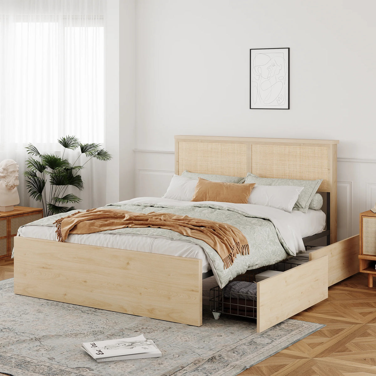 Natural Rattan Queen Bed Frame with Wooden Headboard and 4 Storage Drawers K2078