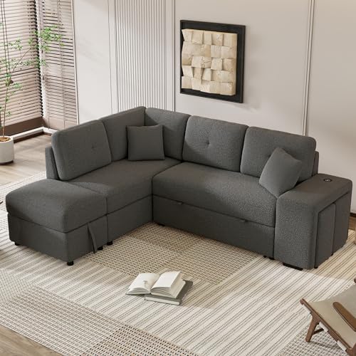 Cream Chenille L Shape Sleeper Sofa with Storage Ottoman and 2 Stools C8770