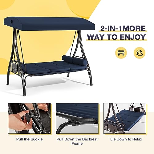 3 Person Outdoor Porch Swing with Cup Holder, Canopy, Cushions A2044