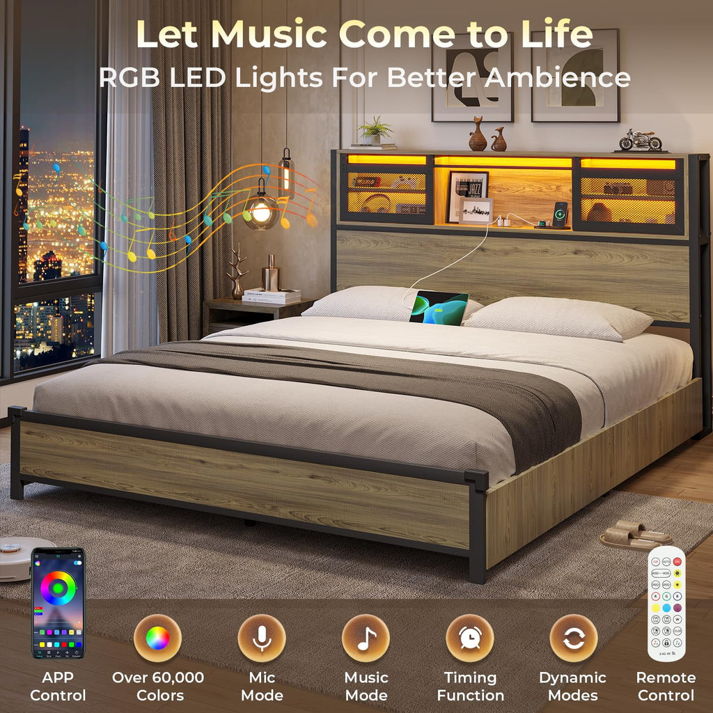 Queen Size Metal Platform Bed Frame with Storage Headboard F664927