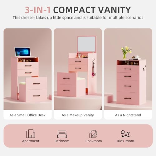 3 in 1 Vanity Desk with Flip Top Mirror and Cushioned Stool U7588