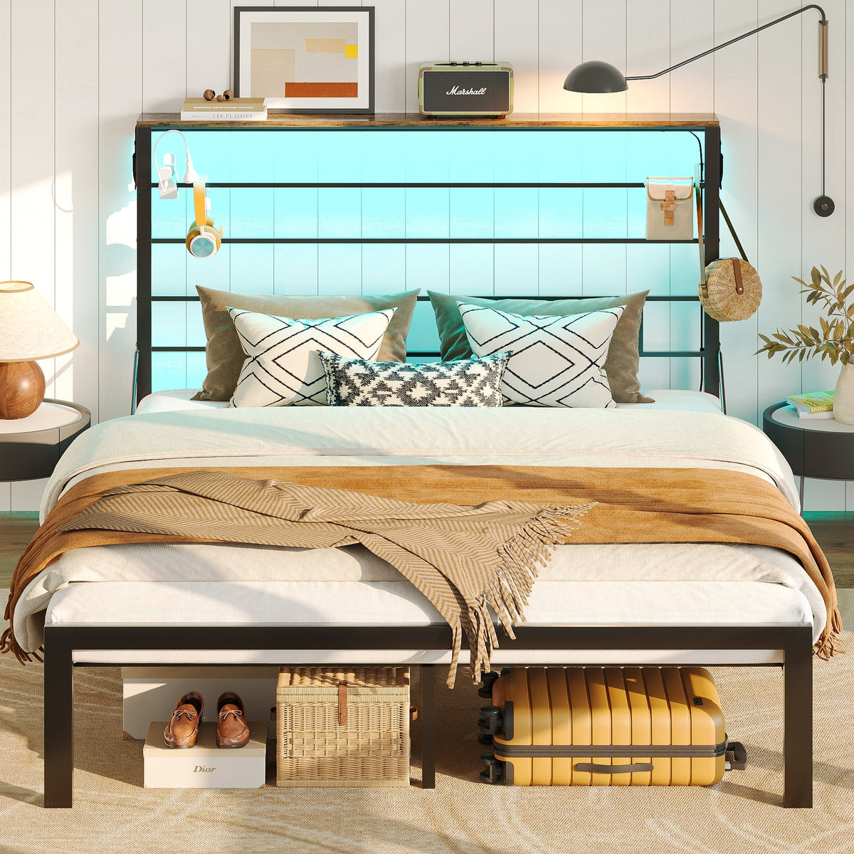 Queen Size Black Metal Platform Bed Frame with Storage Headboard R90780
