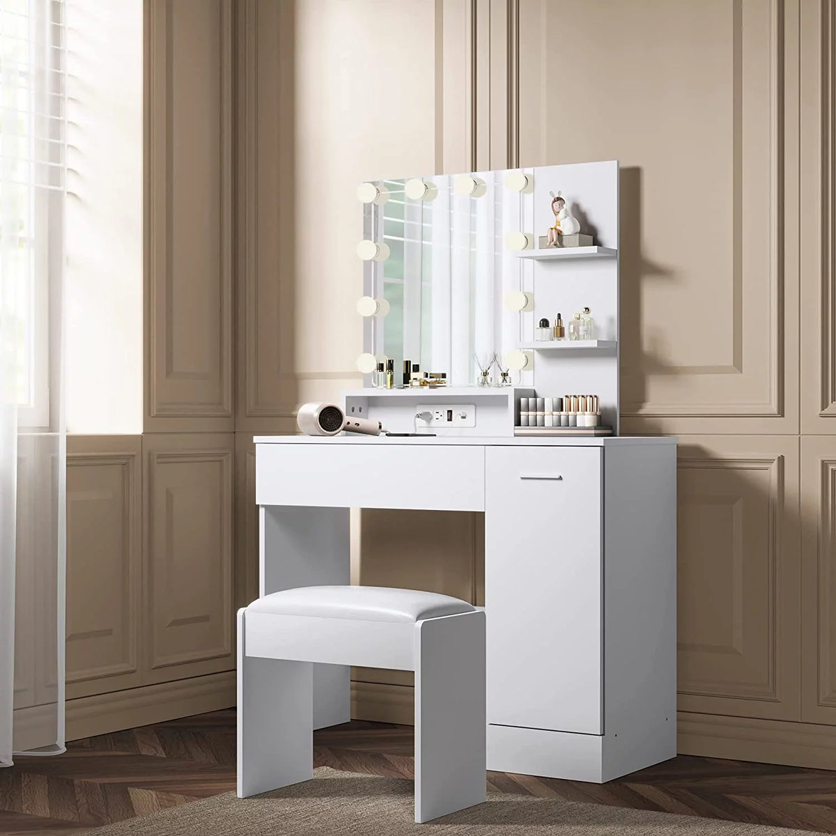 White Vanity Desk with Charging Station and Drawer O18241