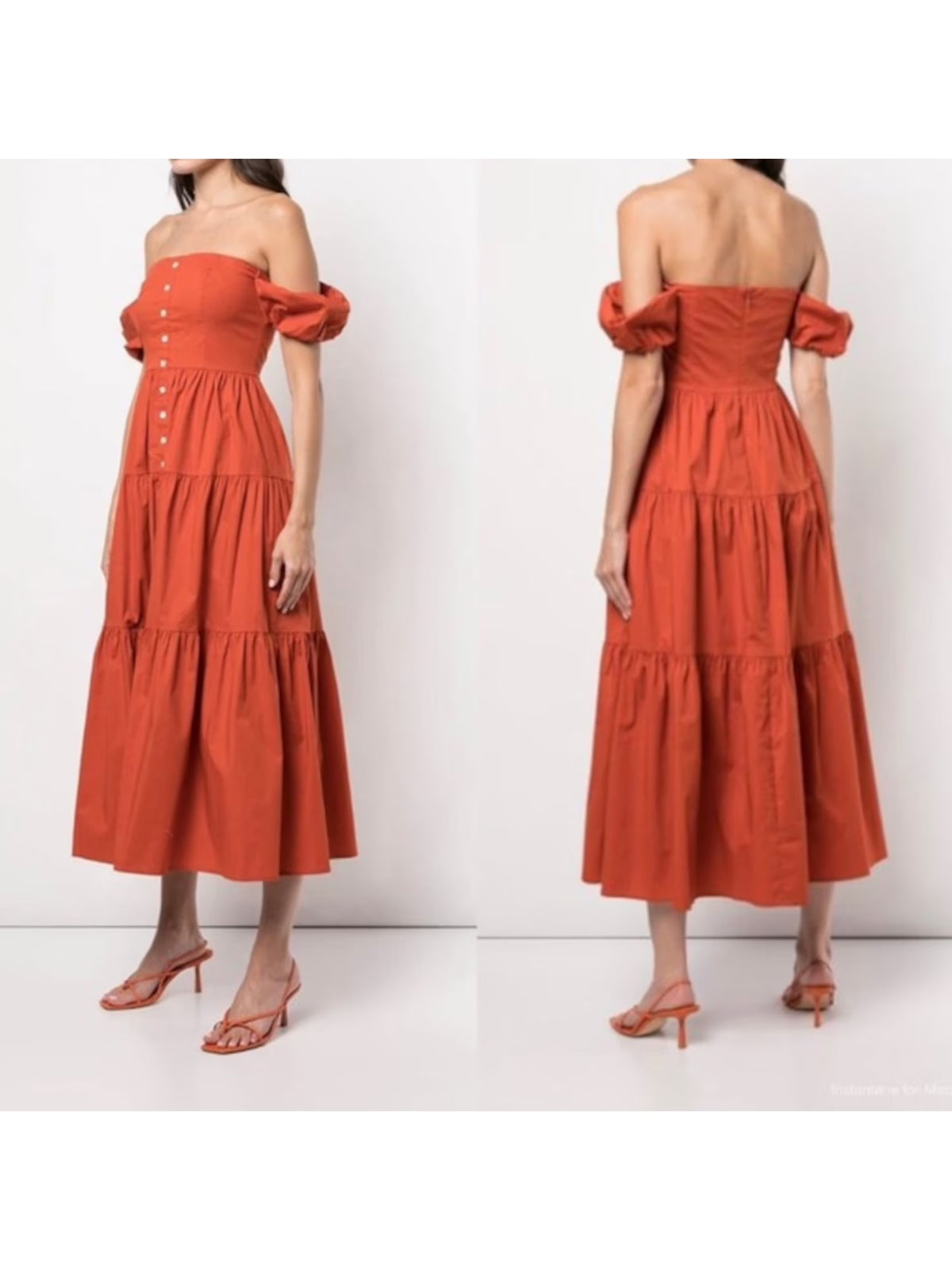 Orange Zippered Ruffled Pouf Sleeve Off Shoulder Midi Fit + Flare Dress V37424