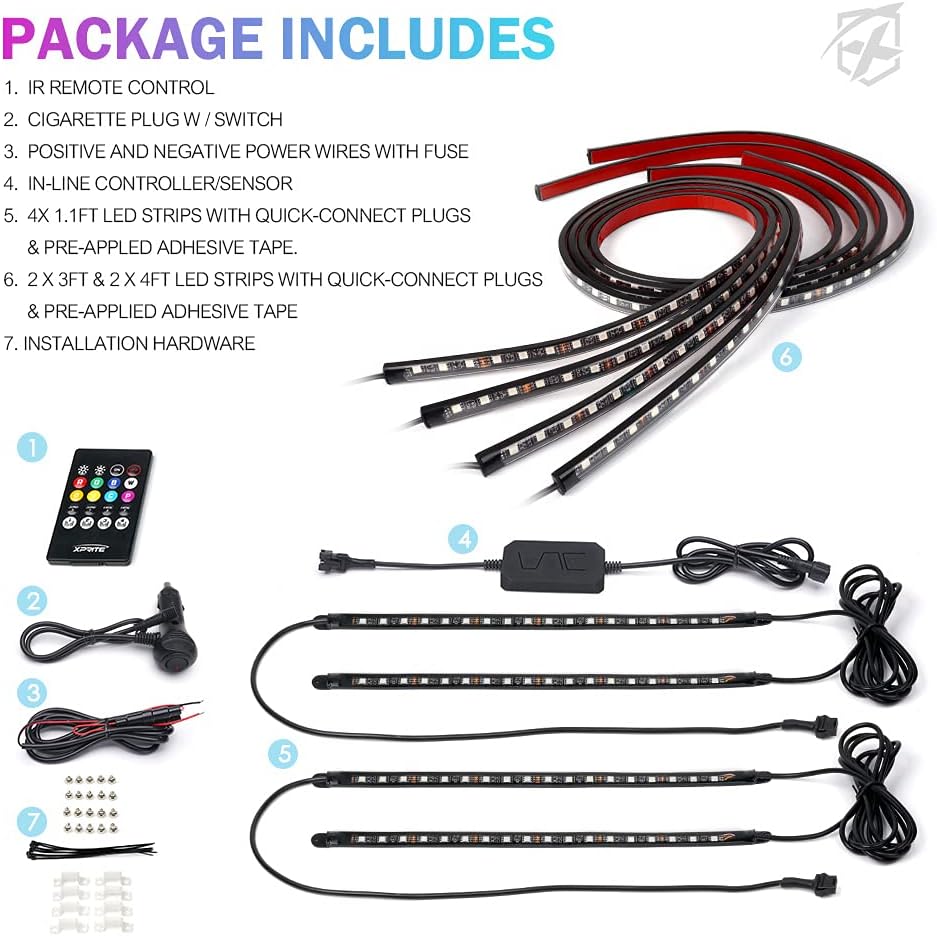 RGB LED Car Underglow Light Kit, 8PCS Bluetooth APP Control Strip J96949