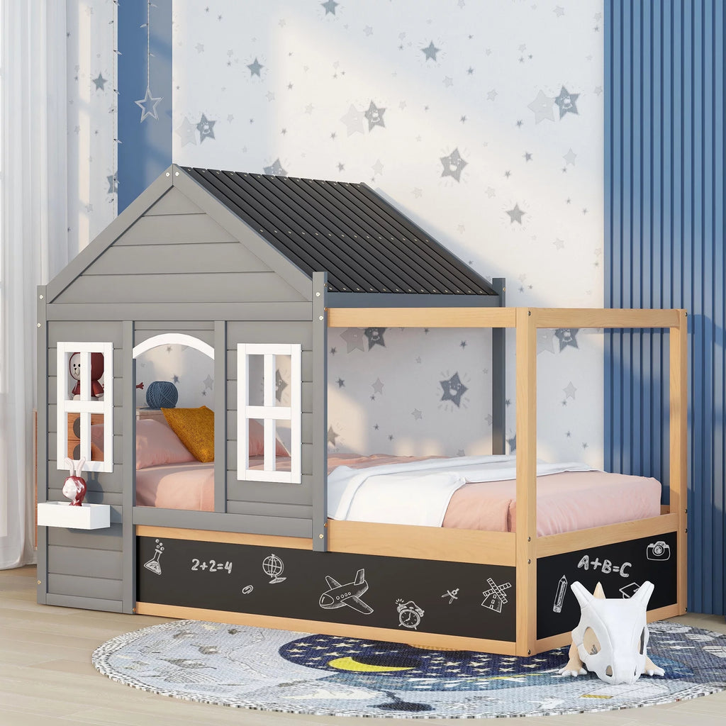 Wood Twin Size House Bed with Roof and Blackboard W1271