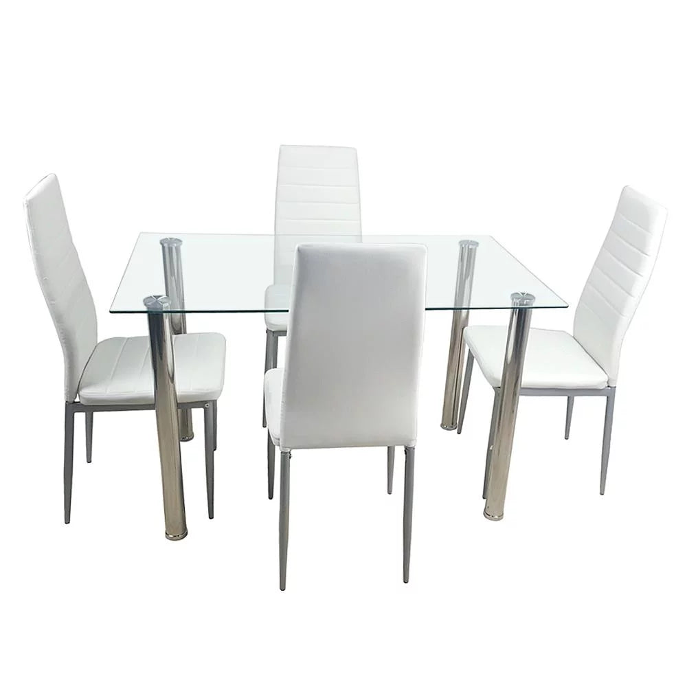 5-Piece Dining Table Set with Glass Tabletop and 4 Faux Leather Chairs P688