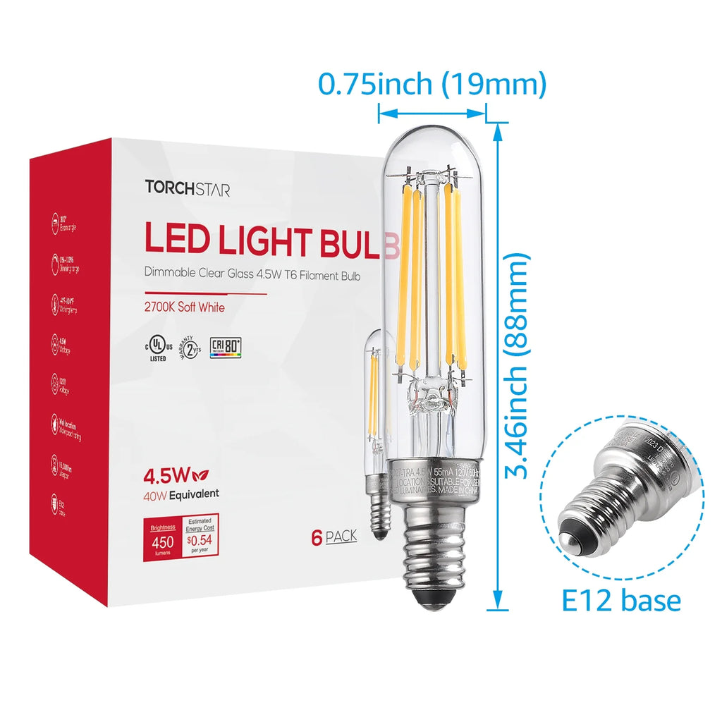 12Pack T6 LED Tubular Bulb 4.5W E12 Base Dimmable 2700K Soft White Q81666