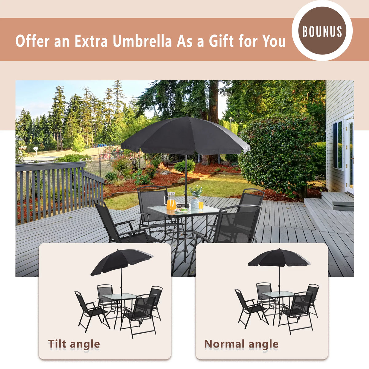 6 Piece Folding Outdoor Dining Set for 4 with Umbrella, Black P683514