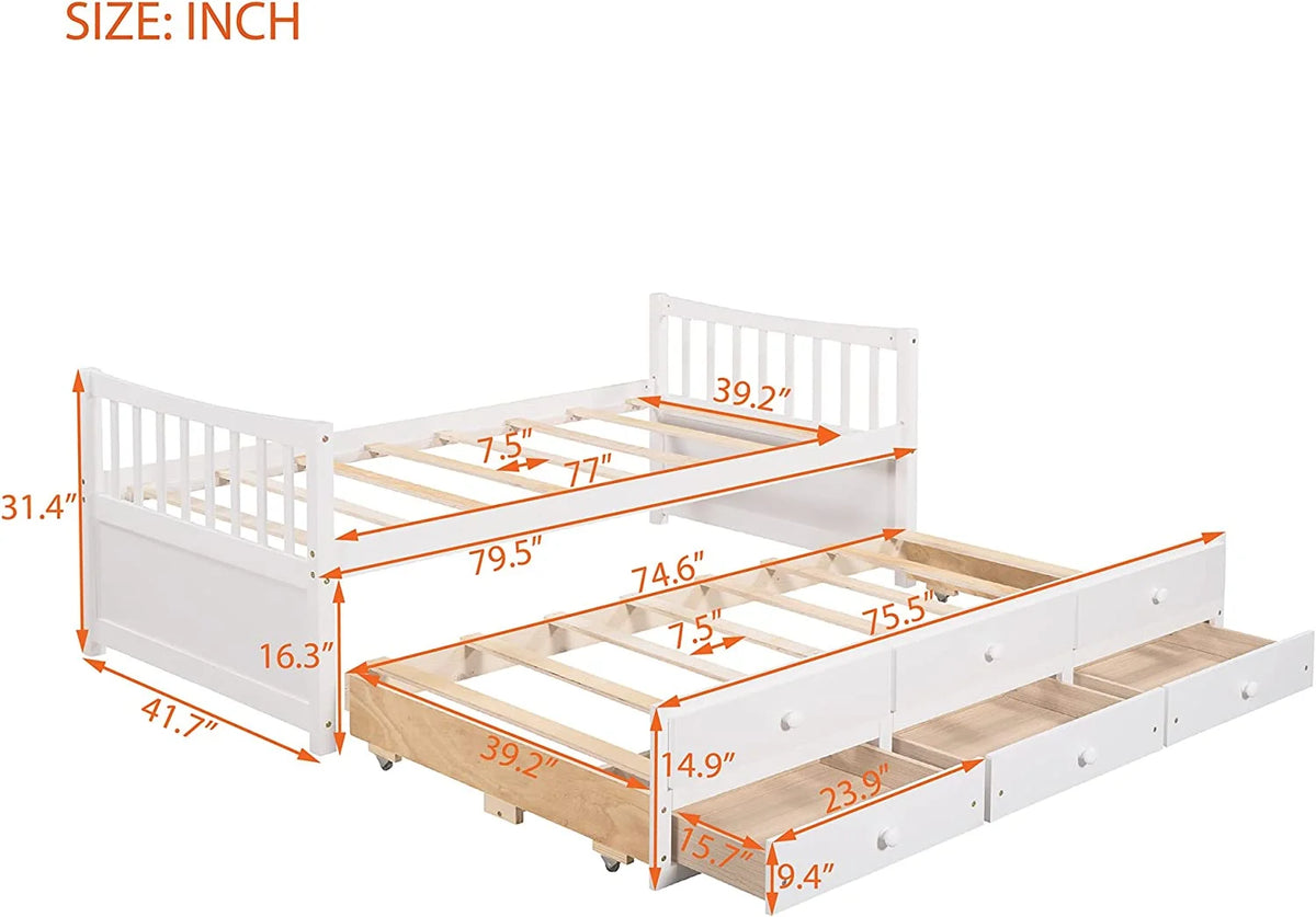 White Wood Daybed with Trundle and Drawers M21069