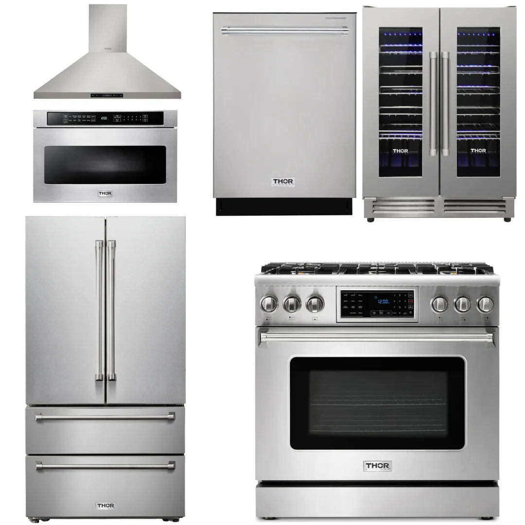 36 Gas Range, Range Hood, Microwave, Refrigerator, Dishwasher, Wine Cooler T334979