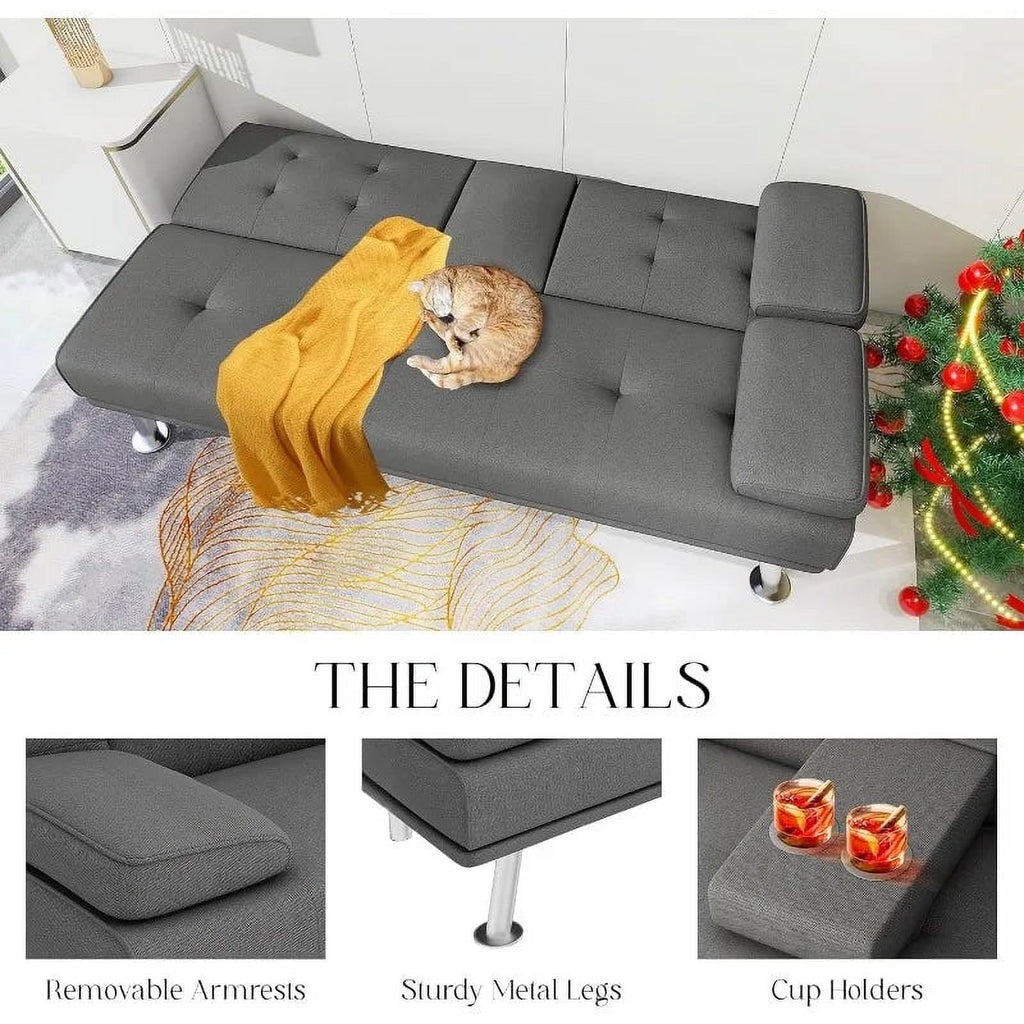 Linen Fabric Futon Sofa Bed with 2 Cup Holders and Pillows J555