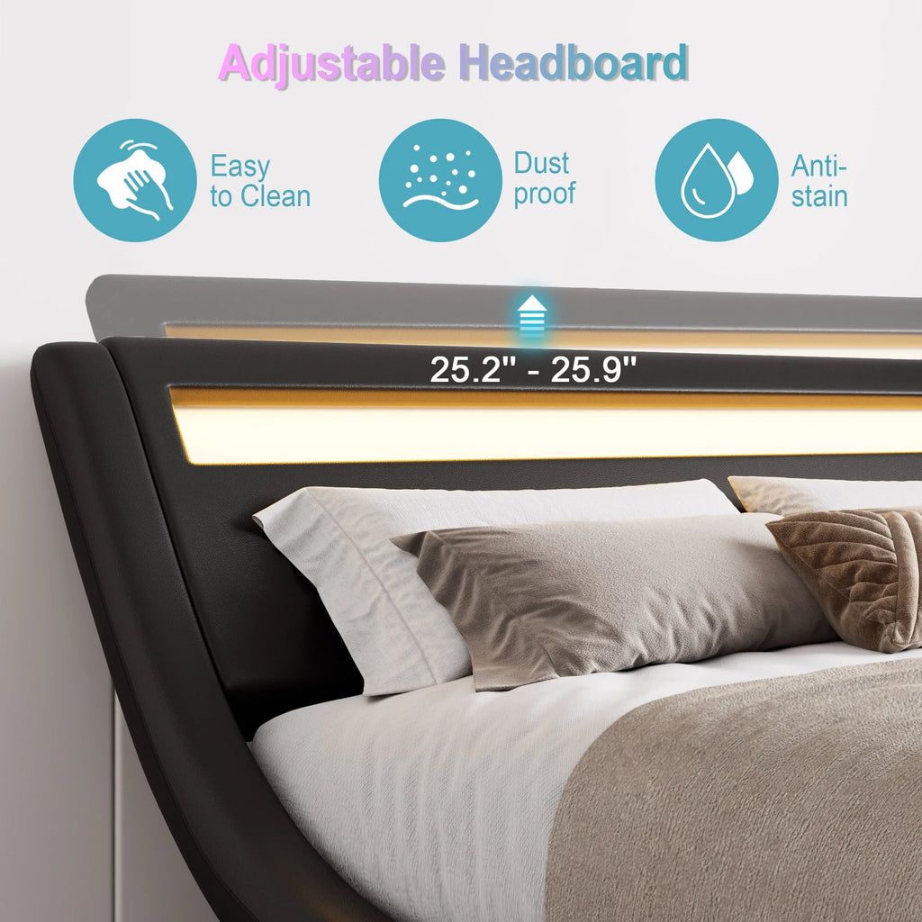 Queen Size Upholstered Bed Frame with LED Headboard, Black N186