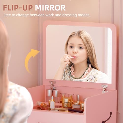 3 in 1 Vanity Desk with Flip Top Mirror and Cushioned Stool U7588