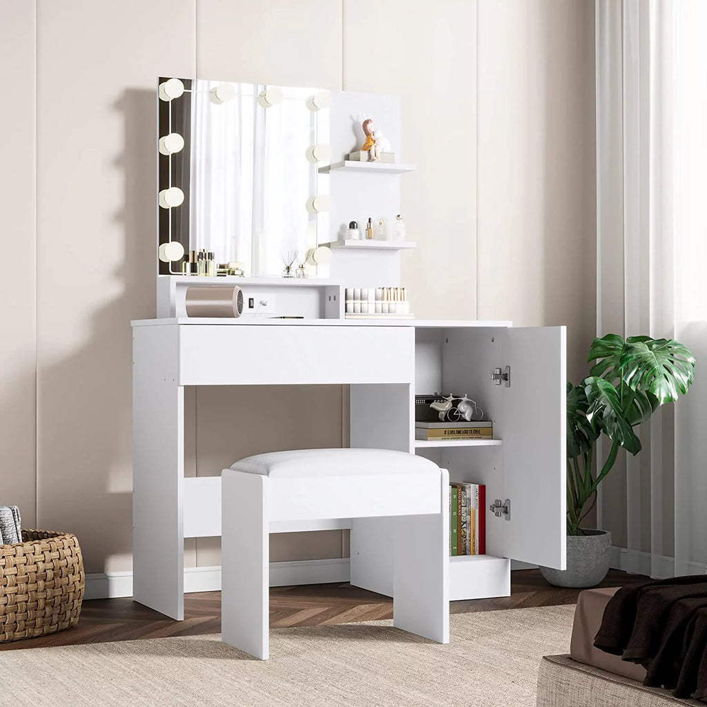 White Vanity Desk with Charging Station and Drawer O18241