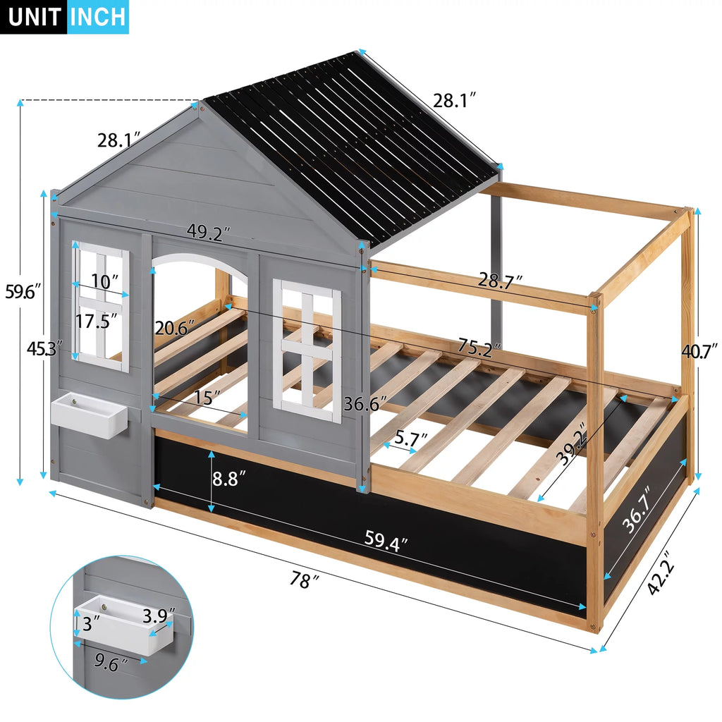 Wood Twin Size House Bed with Roof and Blackboard W1271