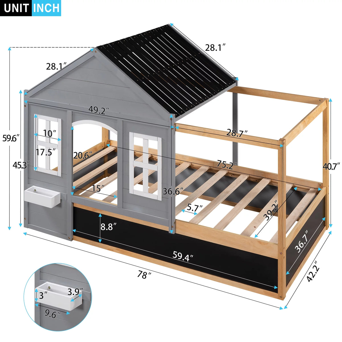 Wood Twin Size House Bed with Roof and Blackboard W1271