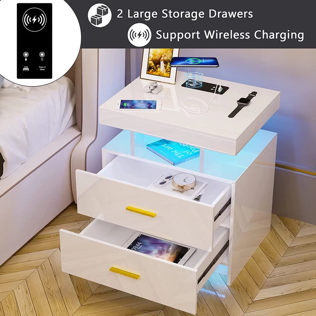 Black 2 Drawer LED Nightstand with Wireless Charging Station P802