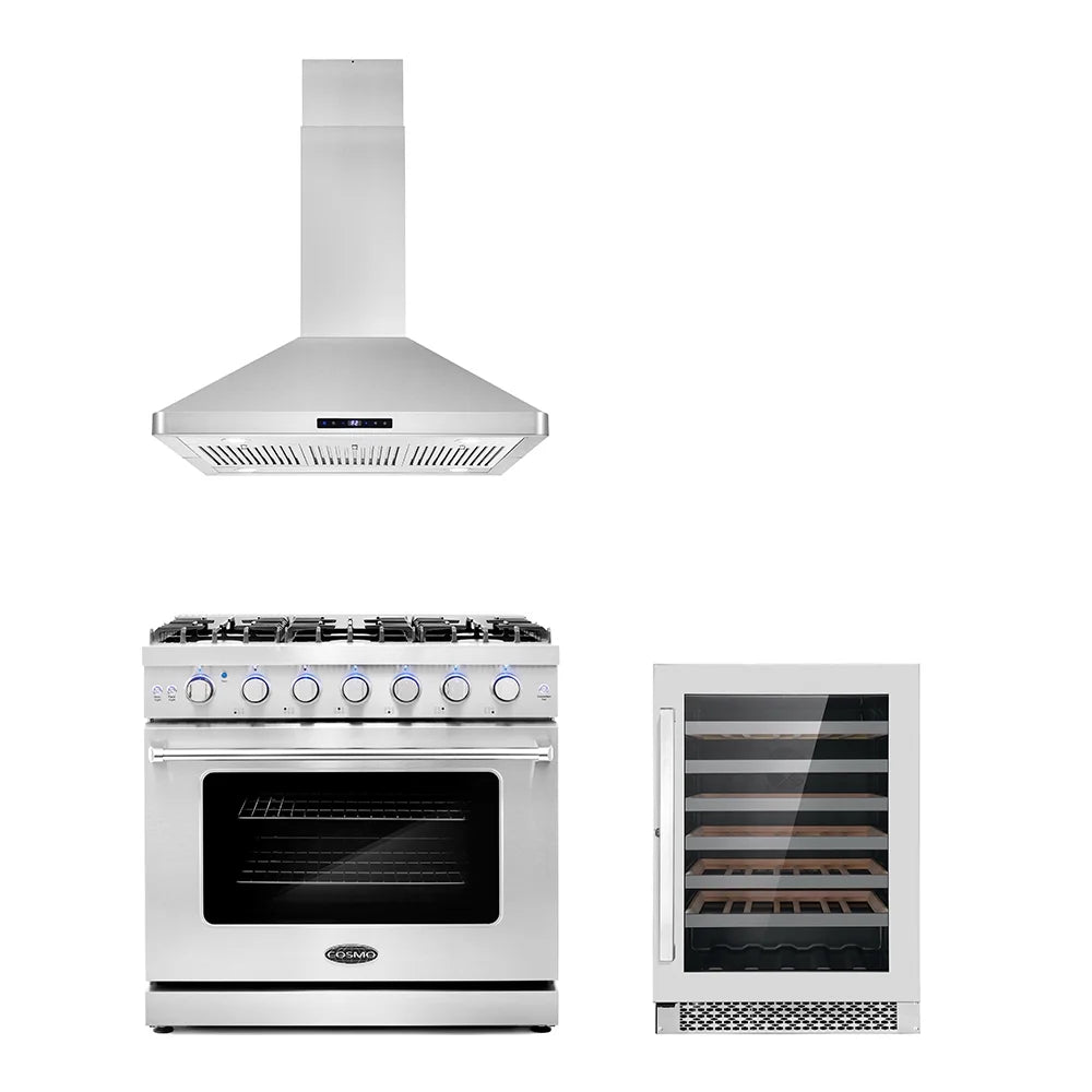 3 Piece Kitchen Appliance Package with Gas Range Range Hood and Wine Refrigerator I823642