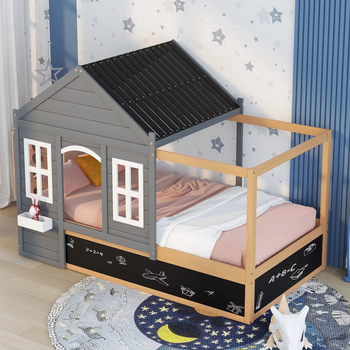 Wood Twin Size House Bed with Roof and Blackboard W1271