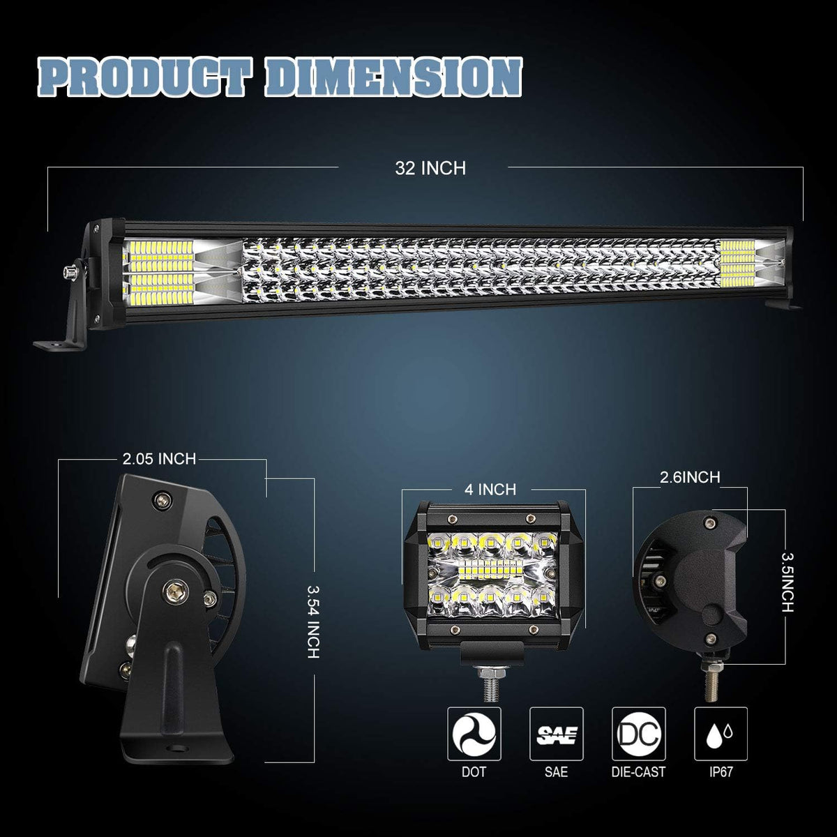 32 LED Light Bar with Wiring Harness and 4 Inch Fog Lamps I28838