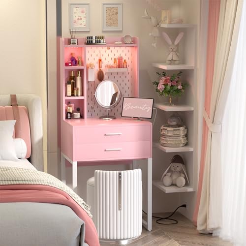 Pink Vanity Desk with Hutch and Drawers and LED Lights S877476