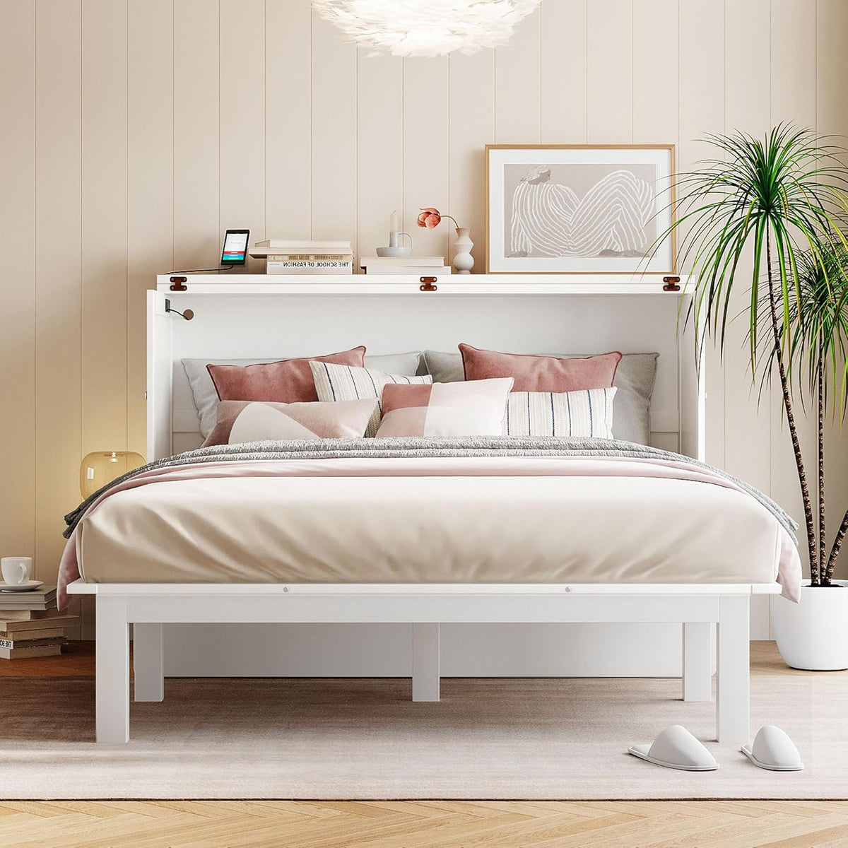 White Queen Wooden Murphy Bed with Desk Board and Removable Shelves V454