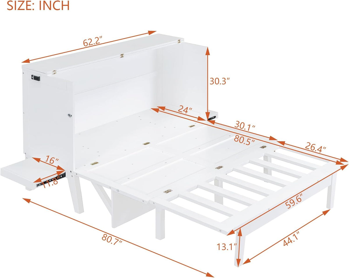 White Queen Wooden Murphy Bed with Desk Board and Removable Shelves V454