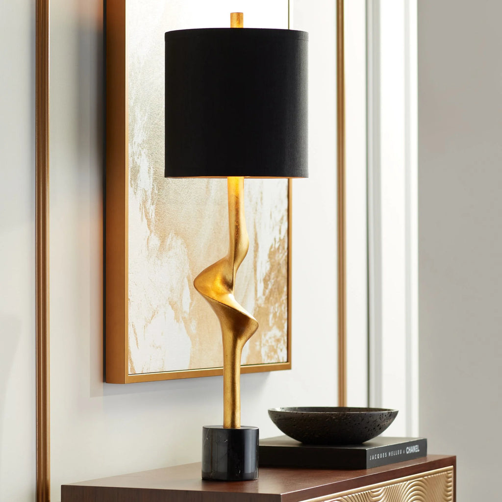 32" Tall Modern End Table Lamps Set of 2 Gold Leaf Black Shade X2645