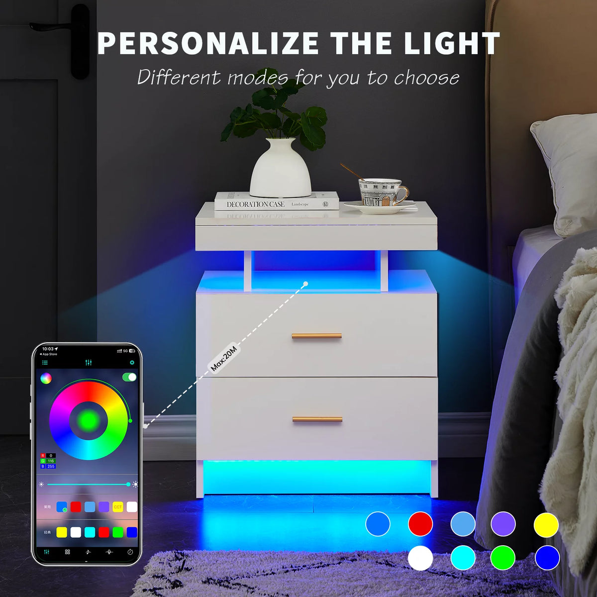 Black 2 Drawer LED Nightstand with Wireless Charging Station P802