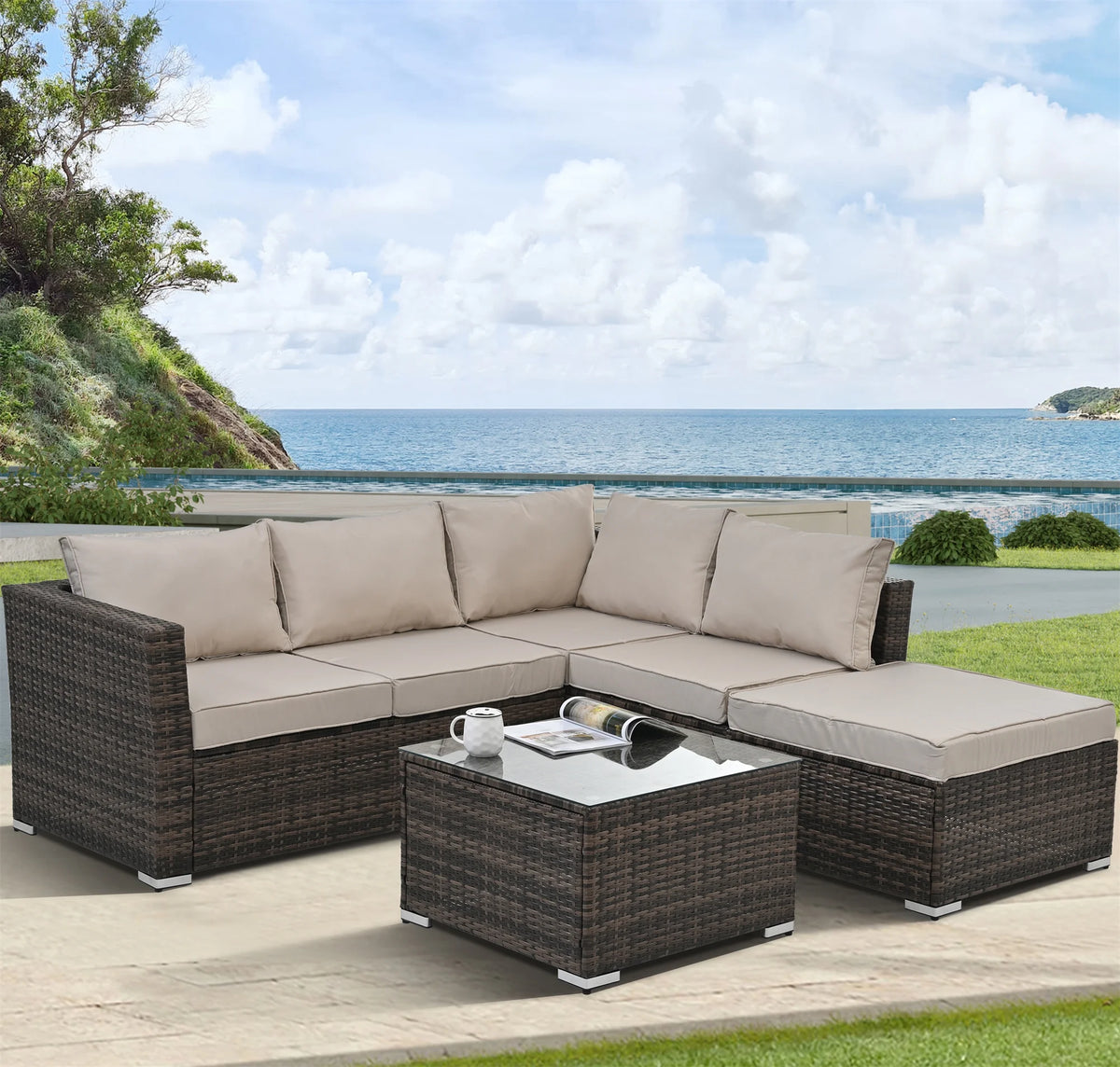 4 Piece All Weather Wicker Rattan Patio Sofa Set with Cushion and Glass Table A63835
