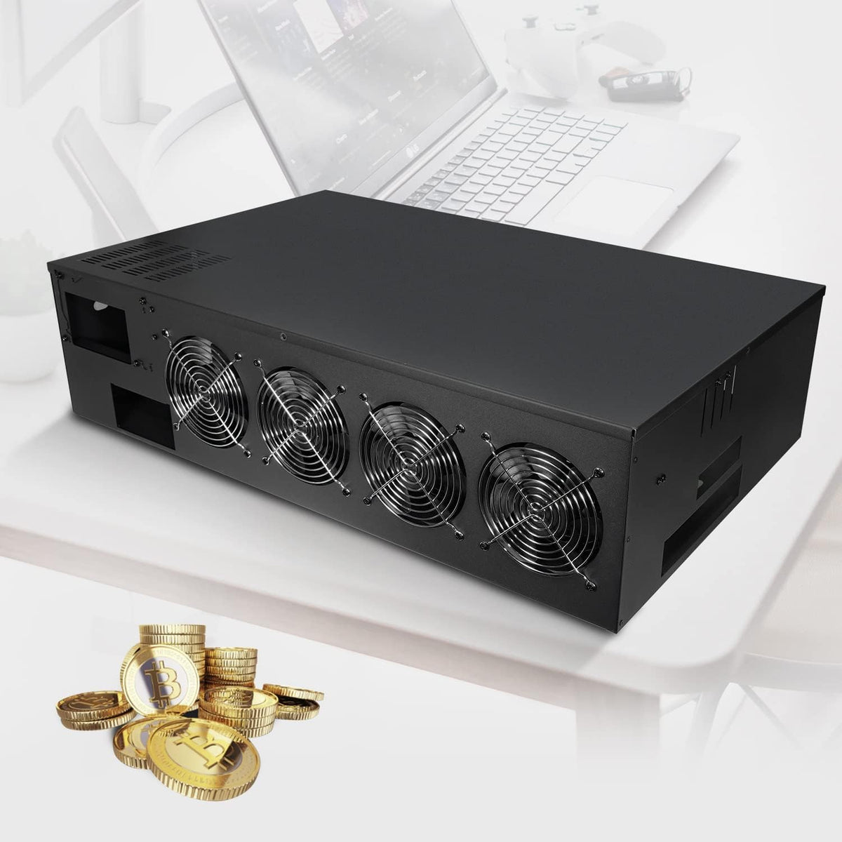 8 Ports GPU Mining Frame Case with 4 Cooling Fans Black A6328